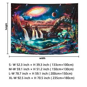 Blacklight Galaxy Tapestry UV Reactive Waterfall Planet Landscape Tapestry Fantasy Mountain Wave Wall Tapestry Mysterious Neon Nebula Plants Wall Hanging for Room