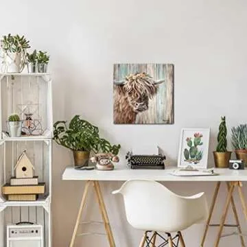 YUEYARIT Highland Cow Canvas Print Vintage Farmhouse Art