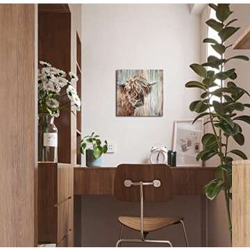 YUEYARIT Highland Cow Canvas Print Vintage Farmhouse Art