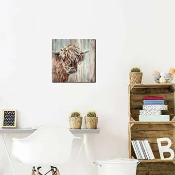 YUEYARIT Highland Cow Canvas Print Vintage Farmhouse Art