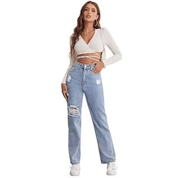 Stylish SweatyRocks High Waist Ripped Denim Jeans for Women