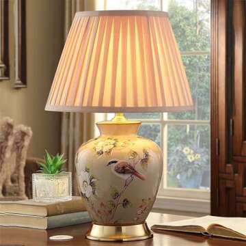 YUJUNDZSW Table Lamp Simple Ceramic Table Lamp Living Room Retro Luxury Hand Painted Bedside Lamp Copper Base Decorative Table Lamp Bedside Desk Lamp