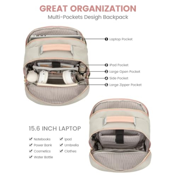 LOVEVOOK Laptop Backpack Purse for Women, Work Travel Computer Bags, College School Backpack for Student Girl, Quilted Casual Daypack with USB Port, Fit 15.6 Inch Laptop, Grey Pink