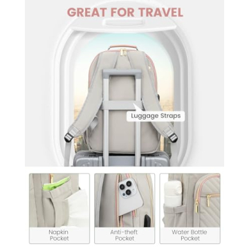 LOVEVOOK Laptop Backpack Purse for Women, Work Travel Computer Bags, College School Backpack for Student Girl, Quilted Casual Daypack with USB Port, Fit 15.6 Inch Laptop, Grey Pink