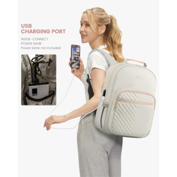 LOVEVOOK Laptop Backpack Purse for Women, Work Travel Computer Bags, College School Backpack for Student Girl, Quilted Casual Daypack with USB Port, Fit 15.6 Inch Laptop, Grey Pink