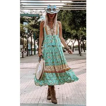 Angashion Floral Maxi Dress Women Adjustable V Neck