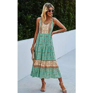 Angashion Floral Maxi Dress Women Adjustable V Neck