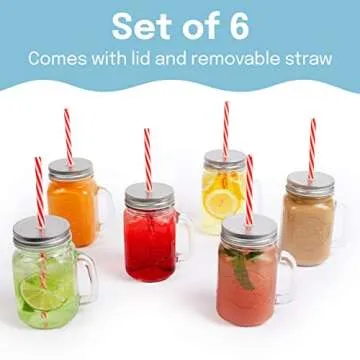 Estilo Glass Mason Jars with Handles, Lid and Straw 16 oz | Drinking Glasses Cups Mug Set for Iced Coffee, Tea & Smoothie - Set of 6