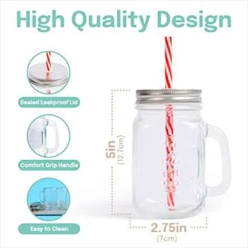 Estilo Glass Mason Jars with Handles, Lid and Straw 16 oz | Drinking Glasses Cups Mug Set for Iced Coffee, Tea & Smoothie - Set of 6