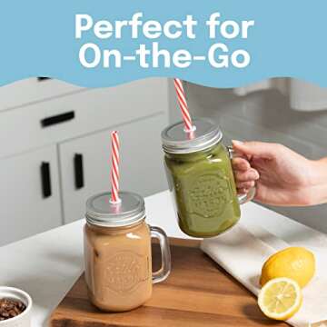 Estilo Glass Mason Jars with Handles, Lid and Straw 16 oz | Drinking Glasses Cups Mug Set for Iced Coffee, Tea & Smoothie - Set of 6