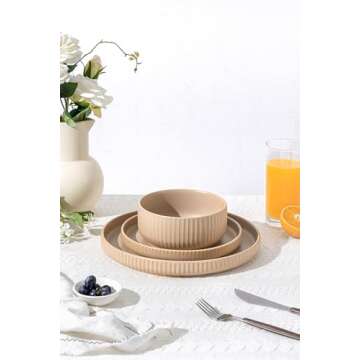 FOBENTA Dinnerware Sets for 4, 12-Piece Warm Taupe Plates and Bowls Sets, Stoneware Dish Set with Ea...