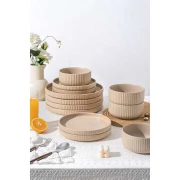 FOBENTA Dinnerware Sets for 4, 12-Piece Warm Taupe Plates and Bowls Sets, Stoneware Dish Set with Earthy Elegance, Microwave & Dishwasher Safe, Cozy & Versatile for Everyday Dining & Gatherings