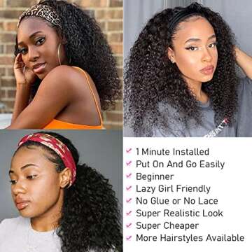ISEE Headband Wig Human Hair Kinky Curly Human Hair Wigs for Black Women Glueless None Lace Front Wigs 180% Density 20inch