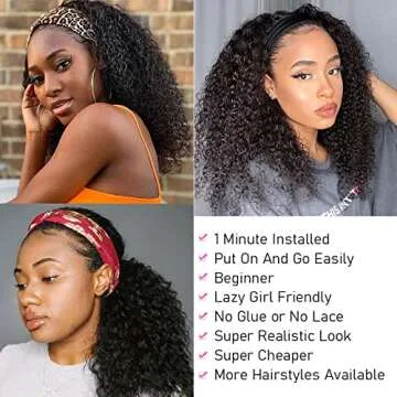 ISEE Headband Wig Human Hair Kinky Curly Human Hair Wigs for Black Women Glueless None Lace Front Wigs 180% Density 20inch