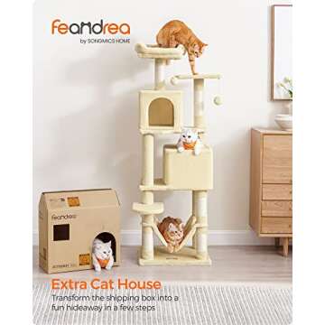 Feandrea Cat Tree, 61-Inch Cat Tower for Indoor Cats, Plush Multi-Level Cat Condo with 5 Scratching ...