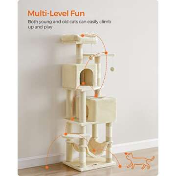 Feandrea Cat Tree, 61-Inch Cat Tower for Indoor Cats, Plush Multi-Level Cat Condo with 5 Scratching Posts, 2 Perches, 2 Caves, Hammock, 2 Pompoms, Beige UPCT192M01