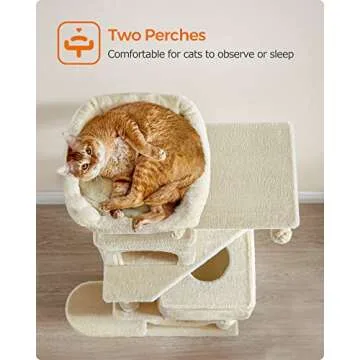Feandrea Cat Tree, 61-Inch Cat Tower for Indoor Cats, Plush Multi-Level Cat Condo with 5 Scratching Posts, 2 Perches, 2 Caves, Hammock, 2 Pompoms, Beige UPCT192M01
