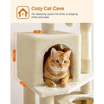 Feandrea Cat Tree, 61-Inch Cat Tower for Indoor Cats, Plush Multi-Level Cat Condo with 5 Scratching Posts, 2 Perches, 2 Caves, Hammock, 2 Pompoms, Beige UPCT192M01