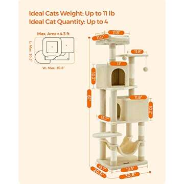 Feandrea Cat Tree, 61-Inch Cat Tower for Indoor Cats, Plush Multi-Level Cat Condo with 5 Scratching Posts, 2 Perches, 2 Caves, Hammock, 2 Pompoms, Beige UPCT192M01