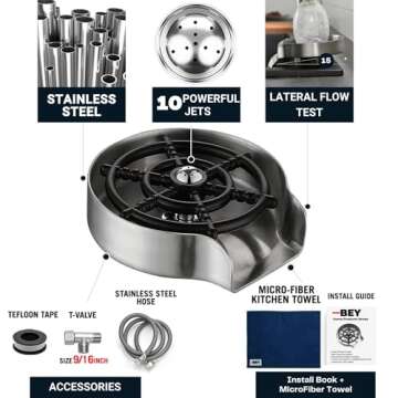 BEY Automatic Glass Rinser - Powerful Cup Washer for Kitchen Sink, Stainless Steel Baby Bottle Cleaner Sinks Attachment, Bar Accessories Spray Metal