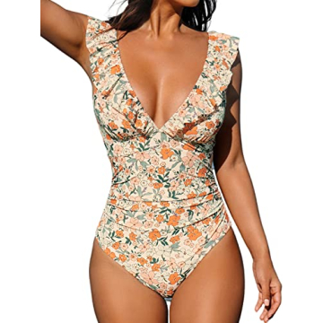CUPSHE Women's Deep V Neck Ruffle One Piece Swimsuit - Tummy Control & Floral Print
