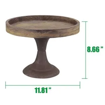Stonebriar Rustic Worn Natural Wood and Metal Pedestal Tray, Decorative Pillar Candle Holder, For Centerpieces, Mantel Decoration, or Any Table Top, Large