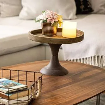 Stonebriar Rustic Worn Natural Wood and Metal Pedestal Tray, Decorative Pillar Candle Holder, For Centerpieces, Mantel Decoration, or Any Table Top, Large