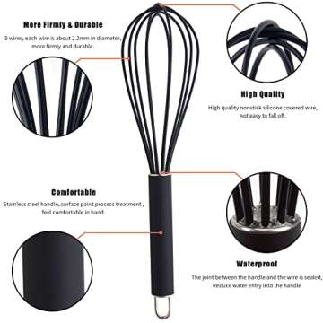 GorGin high temperature and easy to clean silicone whisk, stirrer, 10 inch, grip good grip design for Blending Whisking Beating Stirring Cooking Baking (1 Pack | black)
