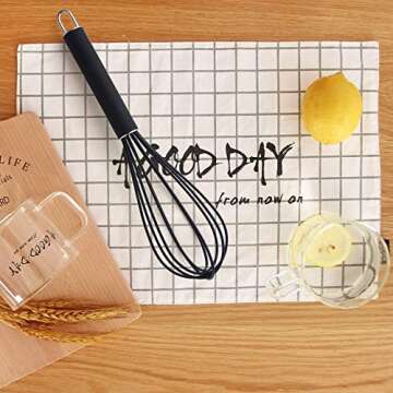 GorGin high temperature and easy to clean silicone whisk, stirrer, 10 inch, grip good grip design for Blending Whisking Beating Stirring Cooking Baking (1 Pack | black)