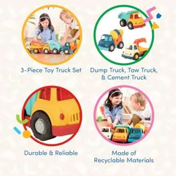 Battat- Wonder Wheels- 3-Piece Toy Truck Set – Dump Truck, Tow Truck, Cement Truck – Toy Construction Vehicles- Recyclable Materials – 1 year +