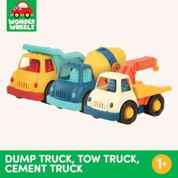 Battat- Wonder Wheels- 3-Piece Toy Truck Set – Dump Truck, Tow Truck, Cement Truck – Toy Construction Vehicles- Recyclable Materials – 1 year +