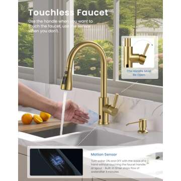 APPASO Touchless Kitchen Faucets Gold, Brushed Gold Kitchen Faucet Touchless, Touchless Kitchen Fauc...