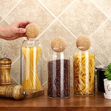 3 Pcs Glass Jar Storage Container with Ball Cork Decorative Round Organizer Bottle Sealed Canister Jar with Airtight Seal Wooden Lid for Food Coffee Bean Candy Biscuits Spice(1000 ML/ 34 Oz)