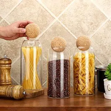 3 Pcs Glass Jar Storage Container with Ball Cork Decorative Round Organizer Bottle Sealed Canister Jar with Airtight Seal Wooden Lid for Food Coffee Bean Candy Biscuits Spice(1000 ML/ 34 Oz)