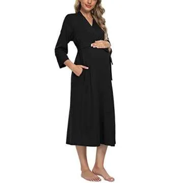 Xpenyo Women's Maternity Sleepwear Robes Long Bathrobe Pregnancy Loungewear Labor/Delivery/Nursing/Hospital Nightgown, Black M