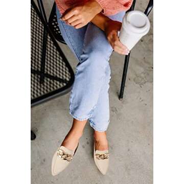 Mskilder Mules for Women Flats Metal Chain Pointed Toe Slip-on Backless Loafers Slides Flat Shoes Nude