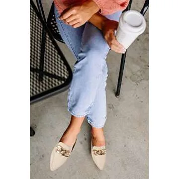 Mskilder Mules for Women Flats Metal Chain Pointed Toe Slip-on Backless Loafers Slides Flat Shoes Nude