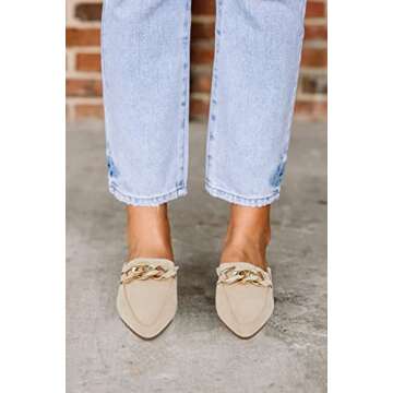 Mskilder Mules for Women Flats Metal Chain Pointed Toe Slip-on Backless Loafers Slides Flat Shoes Nude