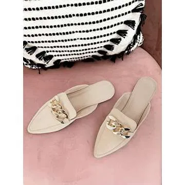 Mskilder Mules for Women Flats Metal Chain Pointed Toe Slip-on Backless Loafers Slides Flat Shoes Nude