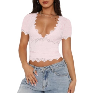 Women Short Sleeve Lace Top Going Out Low Cut Shirt Y2K Summer Lace Trim Crop Top(I-Pink Lace Ruffle...
