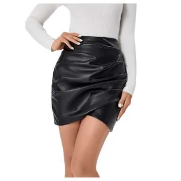 Milumia Women PU Leather Bodycon Short Skirt Asymmetrical Tulip Hem Ruched Wrap Skirt Black Small