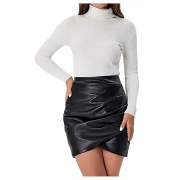 Milumia Women PU Leather Bodycon Short Skirt Asymmetrical Tulip Hem Ruched Wrap Skirt Black Small