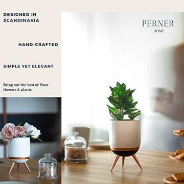 Perner Home Ceramic Flower Pot | Mid-Century Ceramic Decorative Plant Pot with Metal Planter Stand Legs for Indoor Plants -Best for Mid Century Modern and Scandinavian Design -Marble Edition (6,5)