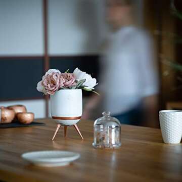 Perner Home Ceramic Flower Pot | Mid-Century Ceramic Decorative Plant Pot with Metal Planter Stand Legs for Indoor Plants -Best for Mid Century Modern and Scandinavian Design -Marble Edition (6,5)