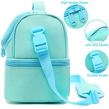 FlowFly Double Decker Cooler Insulated Lunch Bag Large Tote for Boys, Girls, Men, Women, With Adjustable Strap,Light Blue
