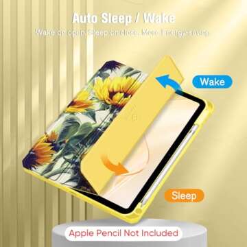 Fintie Hybrid Slim Case for iPad 10th Generation 10.9 Inch Tablet (2022 Model) - [Built-in Pencil Holder] Shockproof Cover with Clear Transparent Back Shell, Auto Wake/Sleep, Sunflowers