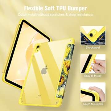 Fintie Hybrid Slim Case for iPad 10th Generation 10.9 Inch Tablet (2022 Model) - [Built-in Pencil Holder] Shockproof Cover with Clear Transparent Back Shell, Auto Wake/Sleep, Sunflowers