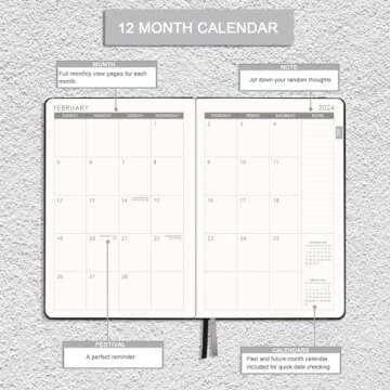 2024 Planner - Weekly Monthly Planner 2024, Jan. 2024 - Dec. 2024, 8.5" x 6.4", Leather Cover, Pen Loop, Elastic Band, Inner Pocket, Black, Perfect Life Assistant