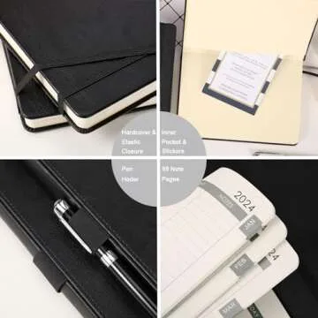 2024 Planner - Weekly Monthly Planner 2024, Jan. 2024 - Dec. 2024, 8.5" x 6.4", Leather Cover, Pen Loop, Elastic Band, Inner Pocket, Black, Perfect Life Assistant