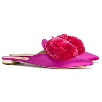 Divanne Mules for Women, Puff Pompom-Embellished Slip On Loafers Backless Pointed Toe Satin Mule Sli...